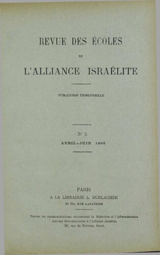 Revue des Ecoles de l’Alliance Israelite   N°05 (01 avr. 1902)